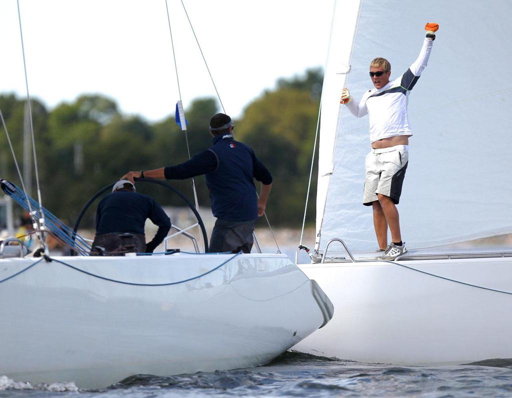 Stratis Andreadis of Atalanti Racing watches the bowman for Mark Lees Team Echo just before receiving a black flagg penalty by an umpire and thrown out of the match against  Lees, in the Oakcliff International on the second day of competition, in Cold Spring Harbor near Oyster Bay, NY on September 6, 2013. © 2013 Molly Riley/Oakcliff